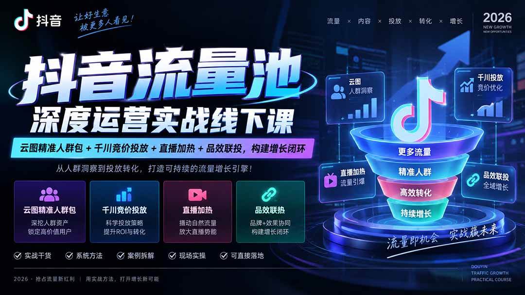 (20598期)抖音流量池深度运营实战线下课|云图精准人群包+千川竞价投放+直播加热+品效联投,构建增长闭环-轻创社项目网