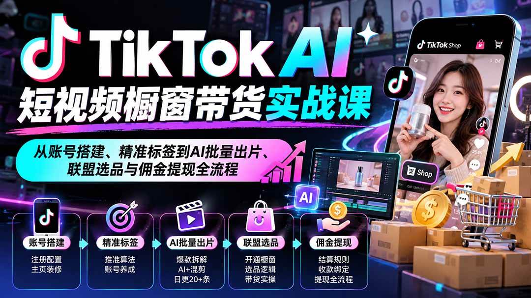(20725期)TikTok AI短视频橱窗带货实战课:从账号搭建、精准标签到AI批量出片、联盟选品与佣金提现全流程-轻创社项目网