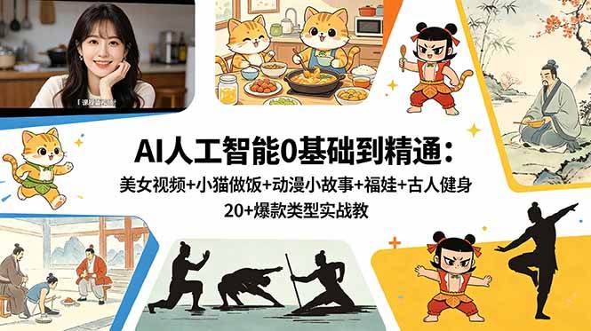(18685期)AI人工智能0基础到精通:美女视频+小猫做饭+动漫小故事+福娃+古人健身,20+爆款类型实战教学-轻创社项目网