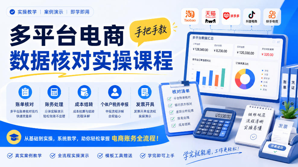 多平台电商数据核对实操课程,手把手教账单核对、账务处理、成本结转、个体户税务申报与发票开具-轻创社项目网