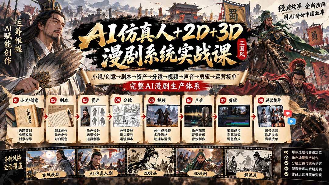 （20685期）AI仿真人+2D+3D漫剧系统实战课：小说/创意→剧本→资产→分镜→视频→声音→剪辑→运营接单，完整AI漫剧生产体系-轻创社项目网