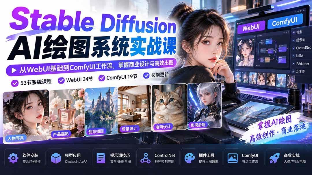 （20678期）Stable Diffusion AI绘图系统实战课：从WebUI基础到ComfyUI工作流，掌握商业设计与高效出图-轻创社项目网