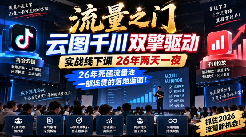 流量之门-云图千川双擎驱动实战线下课26年两天一夜,26年死磕流量池一部连贯的落地蓝图!-轻创社项目网