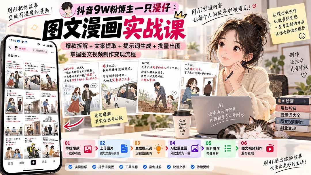 (20584期)抖音9W粉博主一只漫仔图文漫画课:爆款拆解+文案提取+提示词生成+批量出图,掌握图文视频制作变现流程-轻创社项目网
