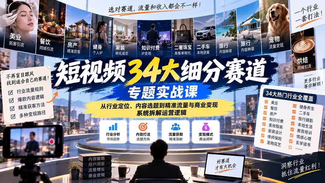 (20600期)短视频34大细分赛道专题实战课:从行业定位、内容选题到精准流量与商业变现,系统拆解运营逻辑-轻创社项目网