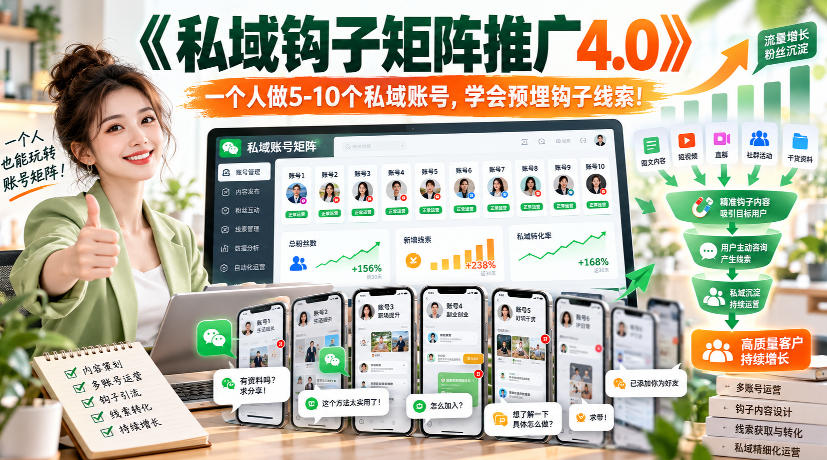 【无水印】《私域钩子矩阵推广4.0》一个人做5-10个私域账号,学会预埋钩子线索!-轻创社项目网