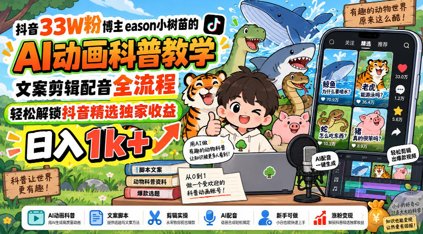 抖音33W粉博主eason小树苗的AI动画科普教学,文案剪辑配音全流程,轻松解锁抖音精选独家收益,日入1k+-轻创社项目网