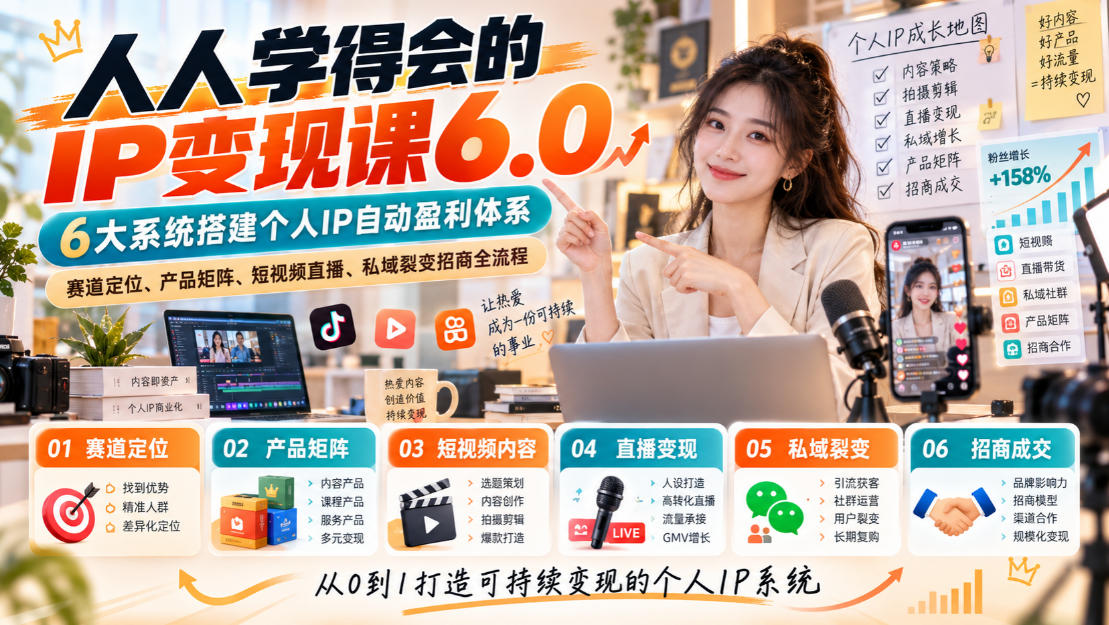 人人学得会的IP变现课6.0,6大系统搭建个人IP自动盈利体系,赛道定位、产品矩阵、短视频直播、私域裂变招商全流程-轻创社项目网