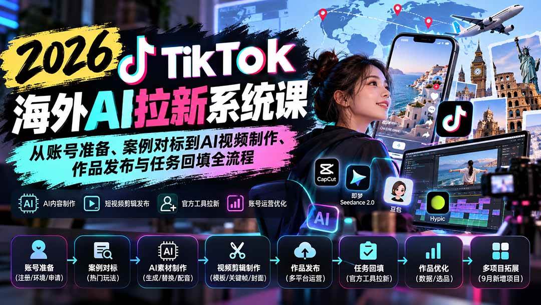 （20675期）【无水印】2026 TikTok海外AI拉新系统课：从账号准备、案例对标到AI视频制作、作品发布与任务回填全流程-轻创社项目网
