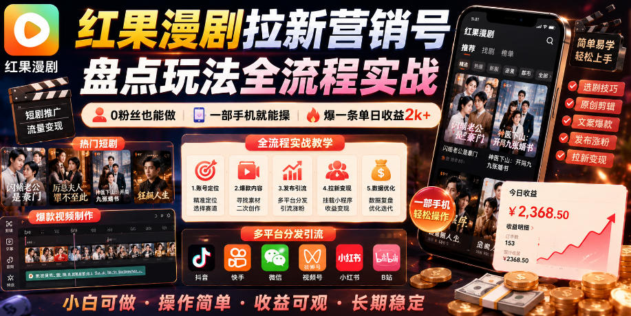 红果漫剧拉新营销号盘点玩法全流程实战,0粉丝也能做,一部手机就能做,爆一条单日收益2k+(更新0922)-轻创社项目网