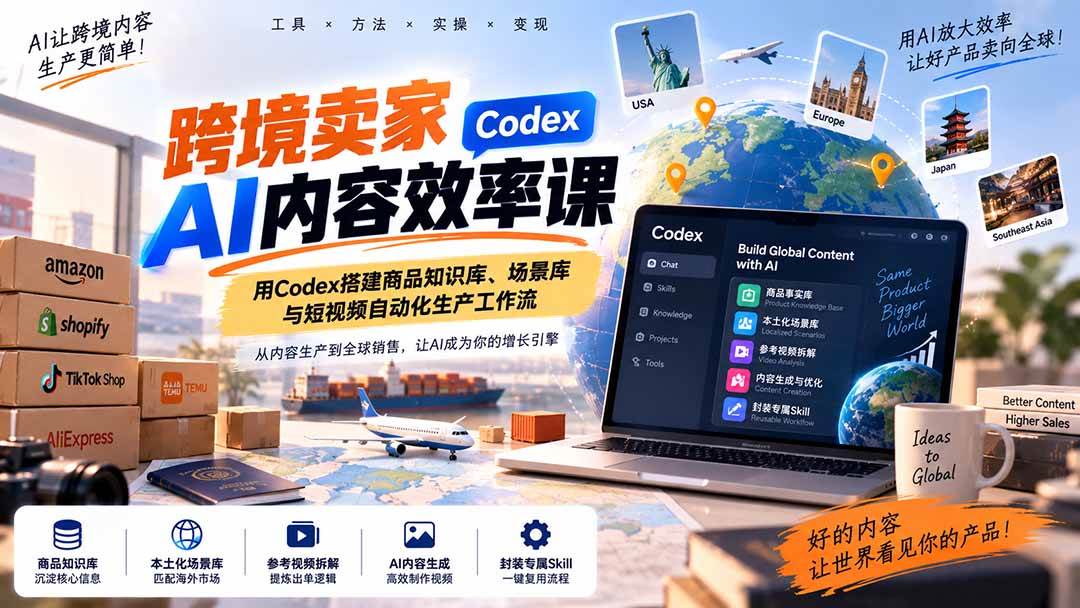 (20595期)跨境卖家AI内容效率课:用Codex搭建商品知识库、场景库与短视频自动化生产工作流-轻创社项目网