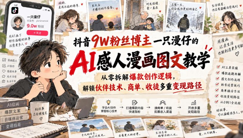 抖音9W粉丝博主一只漫仔的AI感人漫画图文教学,从零拆解爆款创作逻辑,解锁伙伴技术、商单、收徒多重变现路径-轻创社项目网