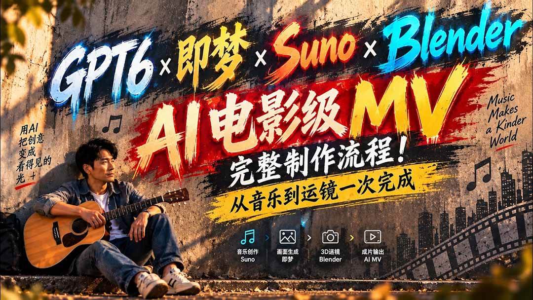 (20587期)GPT6×即梦×Suno×Blender|AI电影级MV完整制作流程!从音乐到运镜一次完成 (无水印)-轻创社项目网