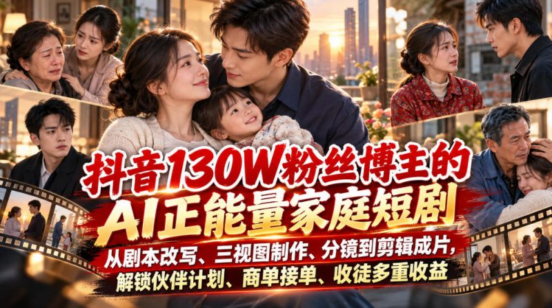 抖音130W粉丝博主的AI正能量家庭短剧,从剧本改写、三视图制作、分镜到剪辑成片,解锁伙伴计划、商单接单、收徒多重收益-轻创社项目网