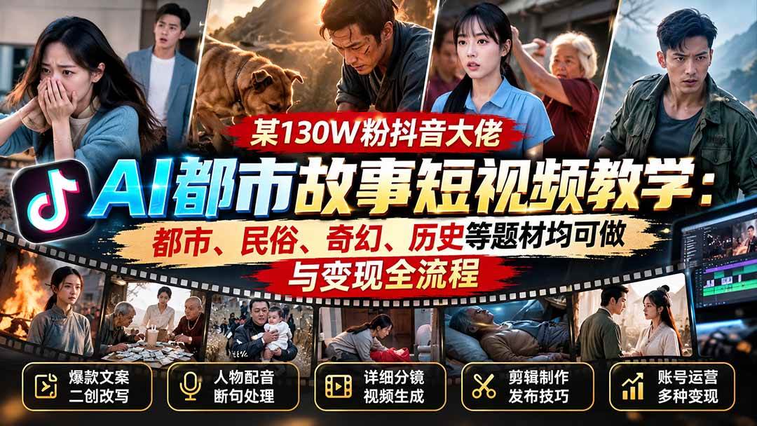 (20692期)某130W粉抖音大佬AI都市故事短视频教学:都市、民俗、奇幻、历史等题材均可做与变现全流程-轻创社项目网