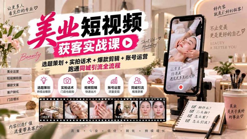 (20586期)美业短视频获客实战课-无水印:选题策划+实拍话术+爆款剪辑+账号运营,跑通同城引流全流程-轻创社项目网