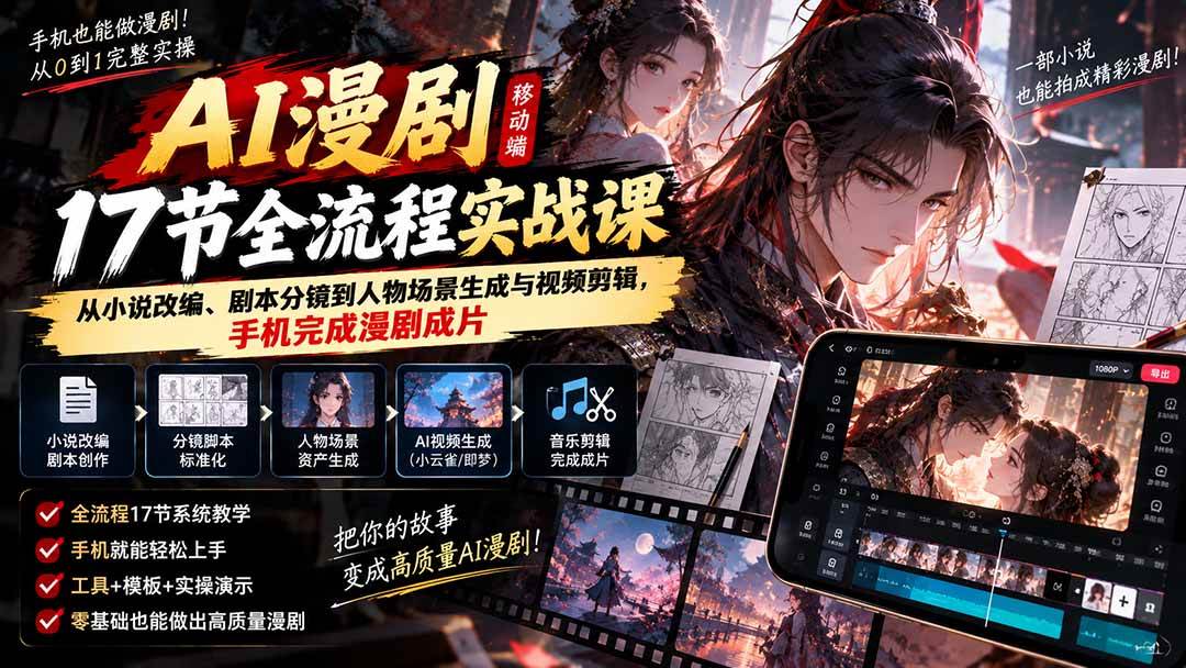 (20624期)AI漫剧移动端17节全流程实战课:从小说改编、剧本分镜到人物场景生成与视频剪辑,手机完成漫剧成片-轻创社项目网