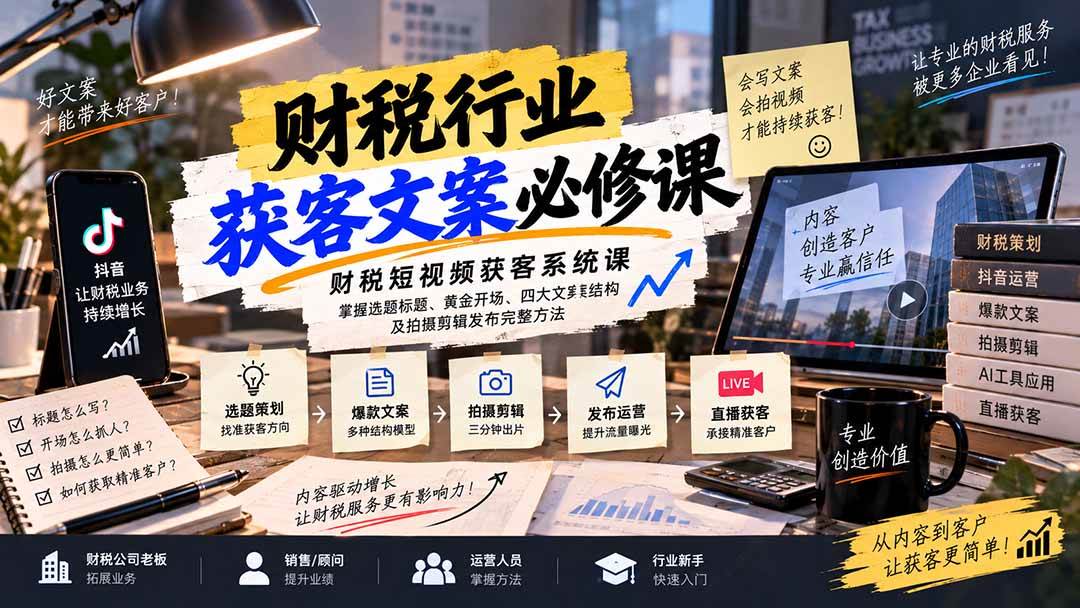 (20591期)财税短视频获客系统课:掌握选题标题、黄金开场、四大文案结构及拍摄剪辑发布完整方法-轻创社项目网
