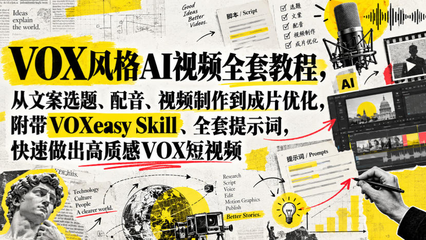 VOX风格AI视频全套教程，从文案选题、配音、视频制作到成片优化，附带VOXeasy Skill、全套提示词，快速做出高质感VOX短视频-轻创社项目网