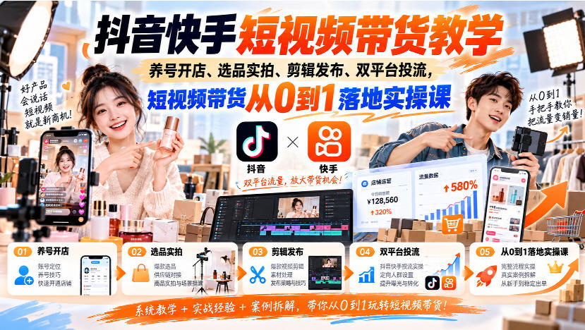 抖音快手短视频带货教学|养号开店、选品实拍、剪辑发布、双平台投流,短视频带货从0到1落地实操课-轻创社项目网