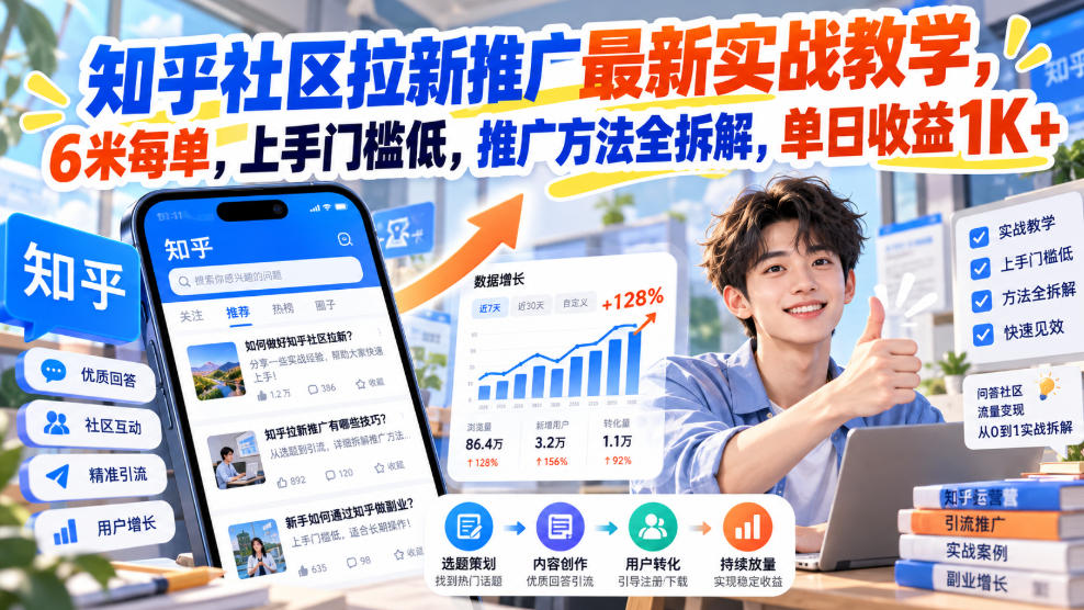 知乎社区拉新推广最新实战教学,6米每单,上手门槛低,推广方法全拆解,单日收益1K+!-轻创社项目网