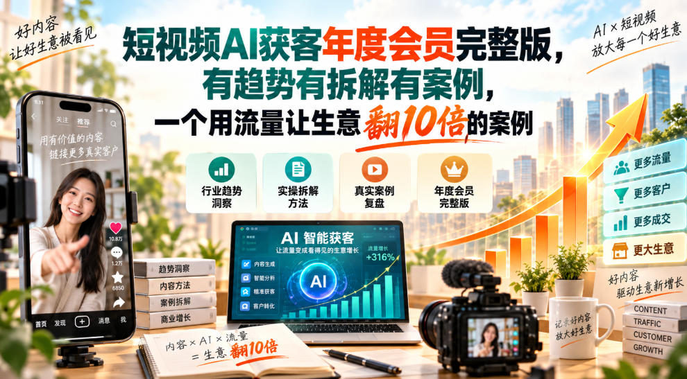 短视频AI获客年度会员完整版,有趋势有拆解有案例,一个用流量让生意翻10倍的案例-轻创社项目网