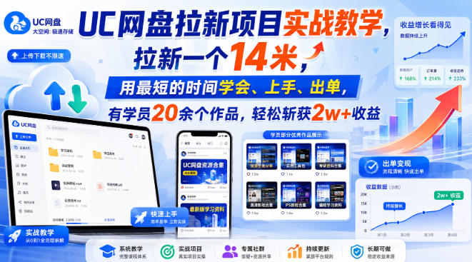 UC网盘拉新项目实战教学,拉新一个14米,用最短的时间学会、上手、出单,有学员20余个作品,轻松斩获2w+收益(更新0916)-轻创社项目网