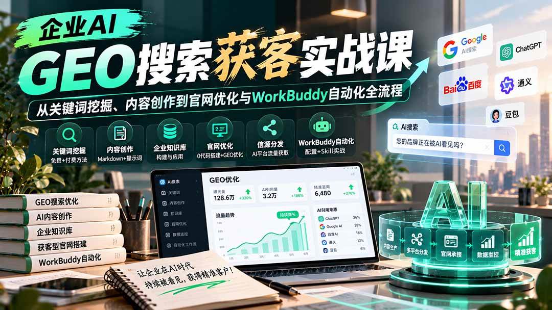 (20643期)企业AI GEO搜索获客实战课:从关键词挖掘、内容创作到官网优化与WorkBuddy自动化全流程-轻创社项目网