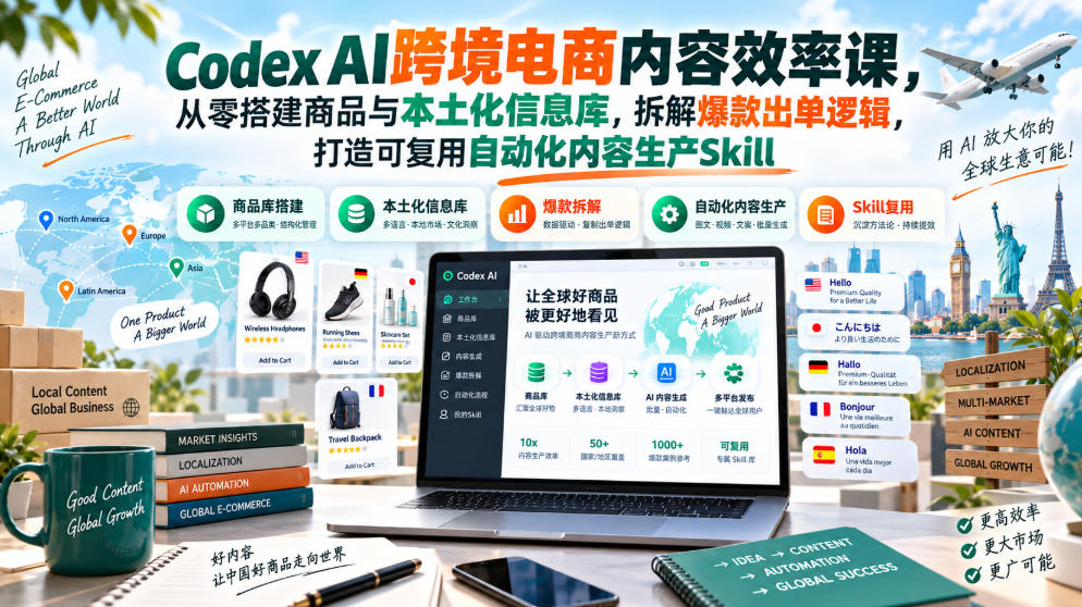 Codex AI跨境电商内容效率课,从零搭建商品与本土化信息库,拆解爆款出单逻辑,打造可复用自动化内容生产Skill-轻创社项目网