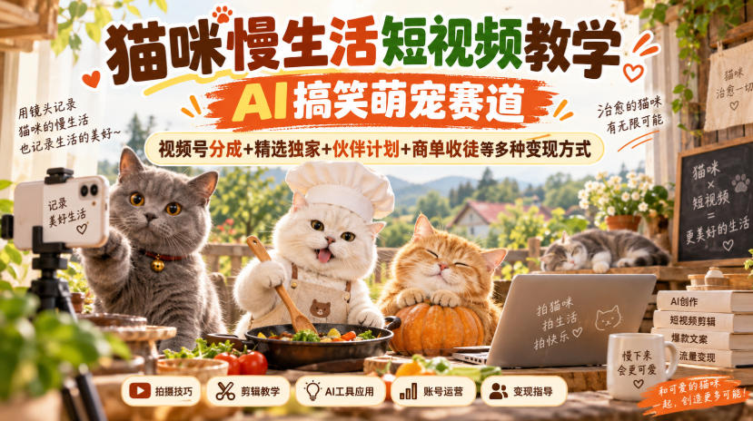 猫咪慢生活短视频教学,AI搞笑萌宠赛道,视频号分成+精选独家+伙伴计划+商单收徒等多种变现方式-轻创社项目网