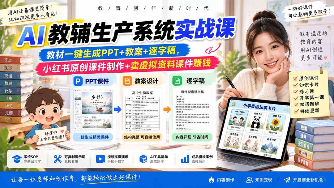 （20583期）AI教辅生产系统实战课-更新0922｜教材一键生成PPT+教案+逐字稿，小红书原创课件制作+卖虚拟资料课件赚钱-轻创社项目网