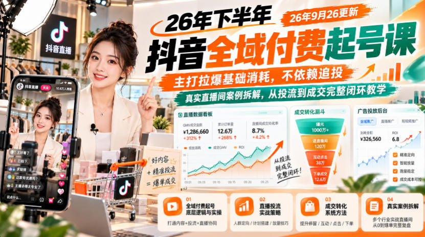26年下半年抖音全域付费起号课26年9月26更新，主打拉爆基础消耗，不依赖追投，真实直播间案例拆解，从投流到成交完整闭环教学-轻创社项目网
