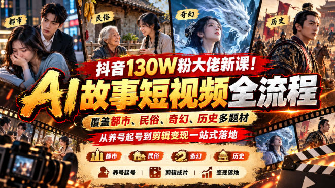 抖音130W粉大佬新课!AI故事短视频全流程,覆盖都市、民俗、奇幻、历史多题材,从养号起号到剪辑变现一站式落地-轻创社项目网
