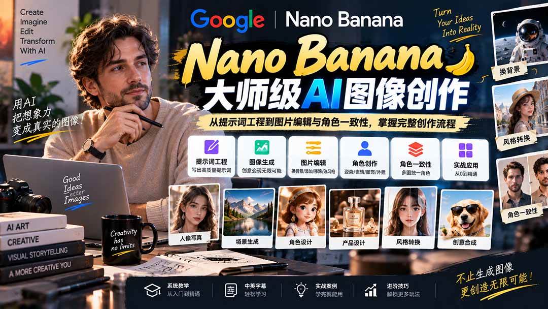 (20609期)【无水印】Nano Banana大师级AI图像实战课:从提示词工程到图片编辑与角色一致性,掌握完整创作流程-轻创社项目网