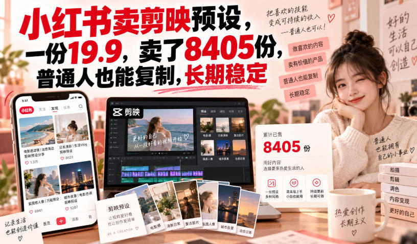 小红书卖剪映预设，一份19.9，卖了8405份，普通人也能复制，长期稳定-轻创社项目网