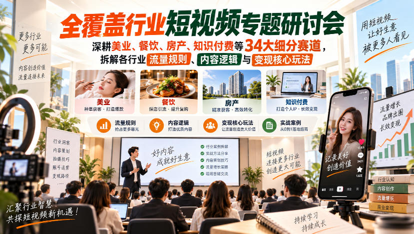 短视频专题研讨会,深耕美业、餐饮、房产、知识付费等34大细分赛道,拆解各行业流量规则、内容逻辑与变现核心玩法-轻创社项目网