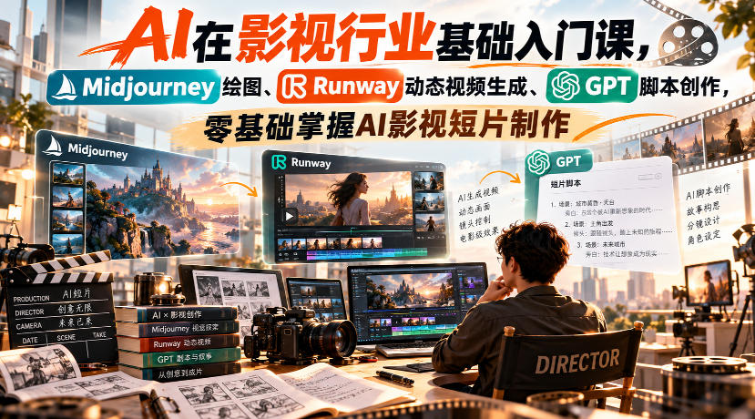 【无水印】AI在影视行业基础入门课,Midjourney绘图、Runway动态视频生成、GPT脚本创作,零基础掌握AI影视短片制作-轻创社项目网