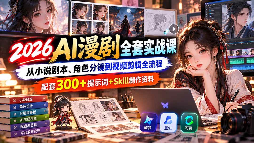 （20629期）2026AI漫剧全套实战课：从小说剧本、角色分镜到视频剪辑全流程，配套300+提示词+Skill制作资料-轻创社项目网