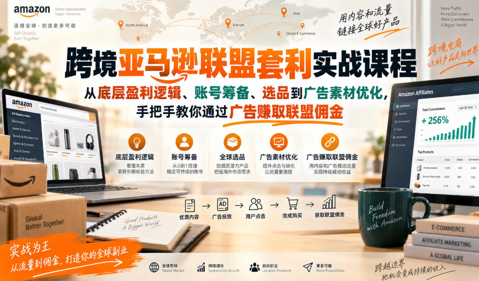 跨境亚马逊联盟套利实战课程，从底层盈利逻辑、账号筹备、选品到广告素材优化，手把手教你通过广告賺取联盟佣金-轻创社项目网
