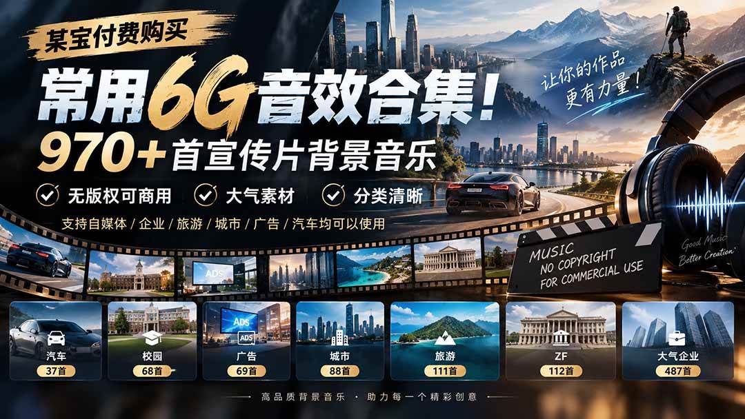 (20603期)某宝付费购买,常用6G音效合集!970+首宣传片背景音乐,无版权可商用大气素材,分类清晰-轻创社项目网