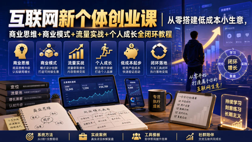 互联网新个体创业课|从零搭建低成本小生意,商业思维+商业模式+流量实战+个人成长全闭环教程(更新0922)-轻创社项目网