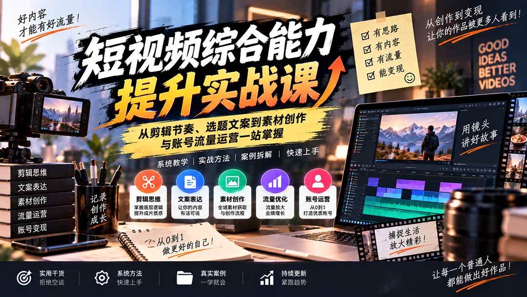 (20599期)短视频综合能力提升实战课:从剪辑节奏、选题文案到素材创作与账号流量运营一站掌握-轻创社项目网