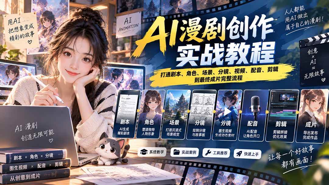 (20597期)2026 AI漫剧创作实战教程:打通剧本、角色、场景、分镜、视频、配音、剪辑到最终成片完整流程-轻创社项目网