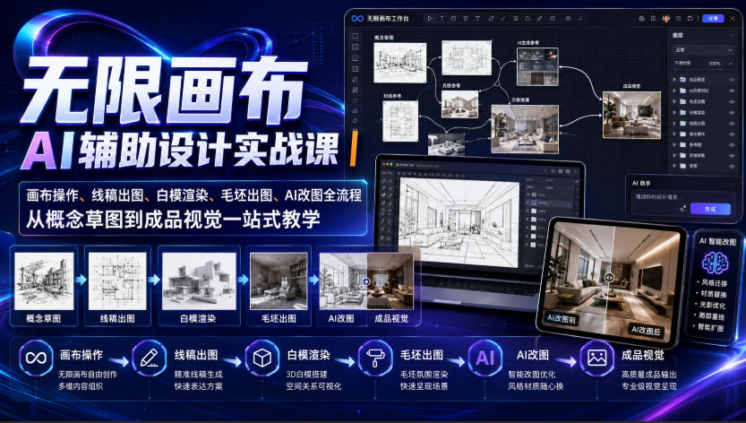 无限画布AI辅助设计实战课|画布操作、线稿出图、白模渲染、毛坯出图、AI改图全流程,从概念草图到成品视觉一站式教学(更新0923)-轻创社项目网