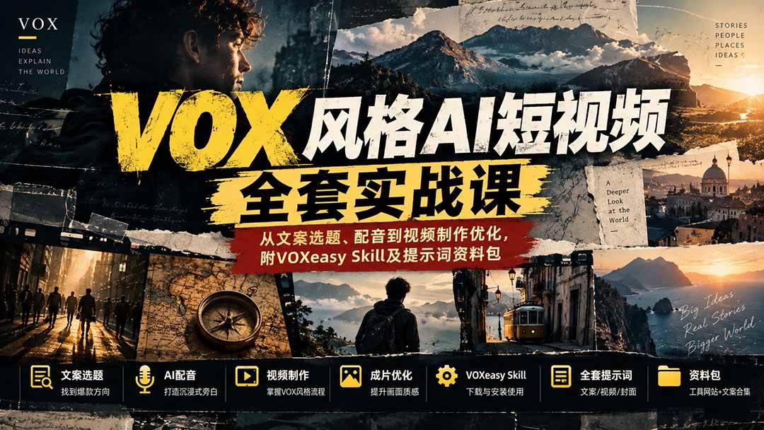 （20677期）【无水印】VOX风格AI短视频全套实战课：从文案选题、配音到视频制作优化，附VOXeasy Skill及提示词资料包-轻创社项目网