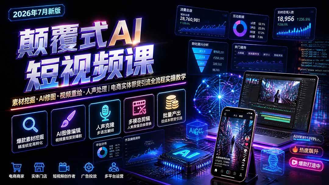 (20602期)颠覆式AI短视频课-更新|素材挖掘,AI修图,视频重绘,人声处理|电商实体带货引流全流程实操教学-轻创社项目网