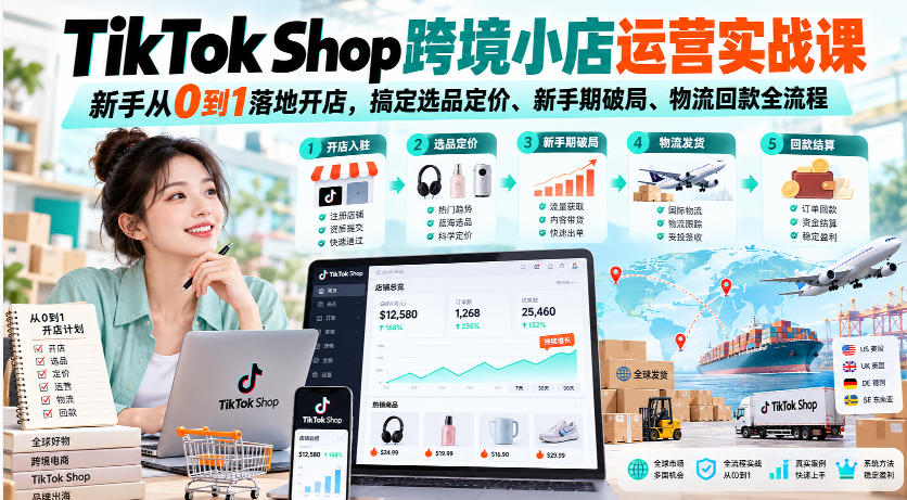 TikTok Shop跨境小店运营实战课，新手从0到1落地开店，搞定选品定价、新手期破局、物流回款全流程-轻创社项目网