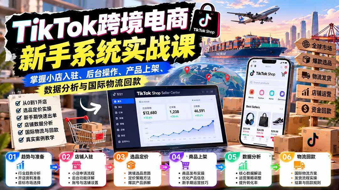 （20672期）TikTok跨境电商新手系统实战课：掌握小店入驻、后台操作、产品上架、数据分析与国际物流回款-轻创社项目网
