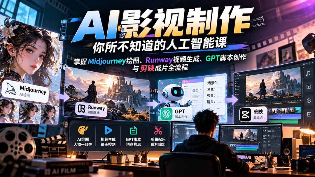 (20681期)AI影视制作-你所不知道的人工智能课,掌握Midjourney绘图、Runway视频生成、GPT脚本创作与剪映成片全流程-轻创社项目网