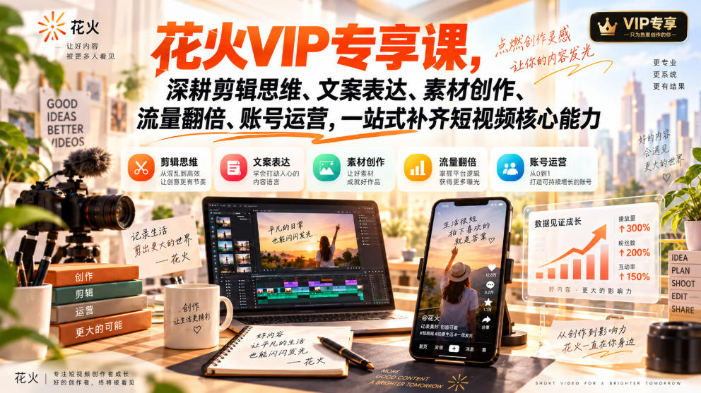 花火VIP专享课,深耕剪辑思维、文案表达、素材创作、流量翻倍、账号运营,一站式补齐短视频核心能力-轻创社项目网